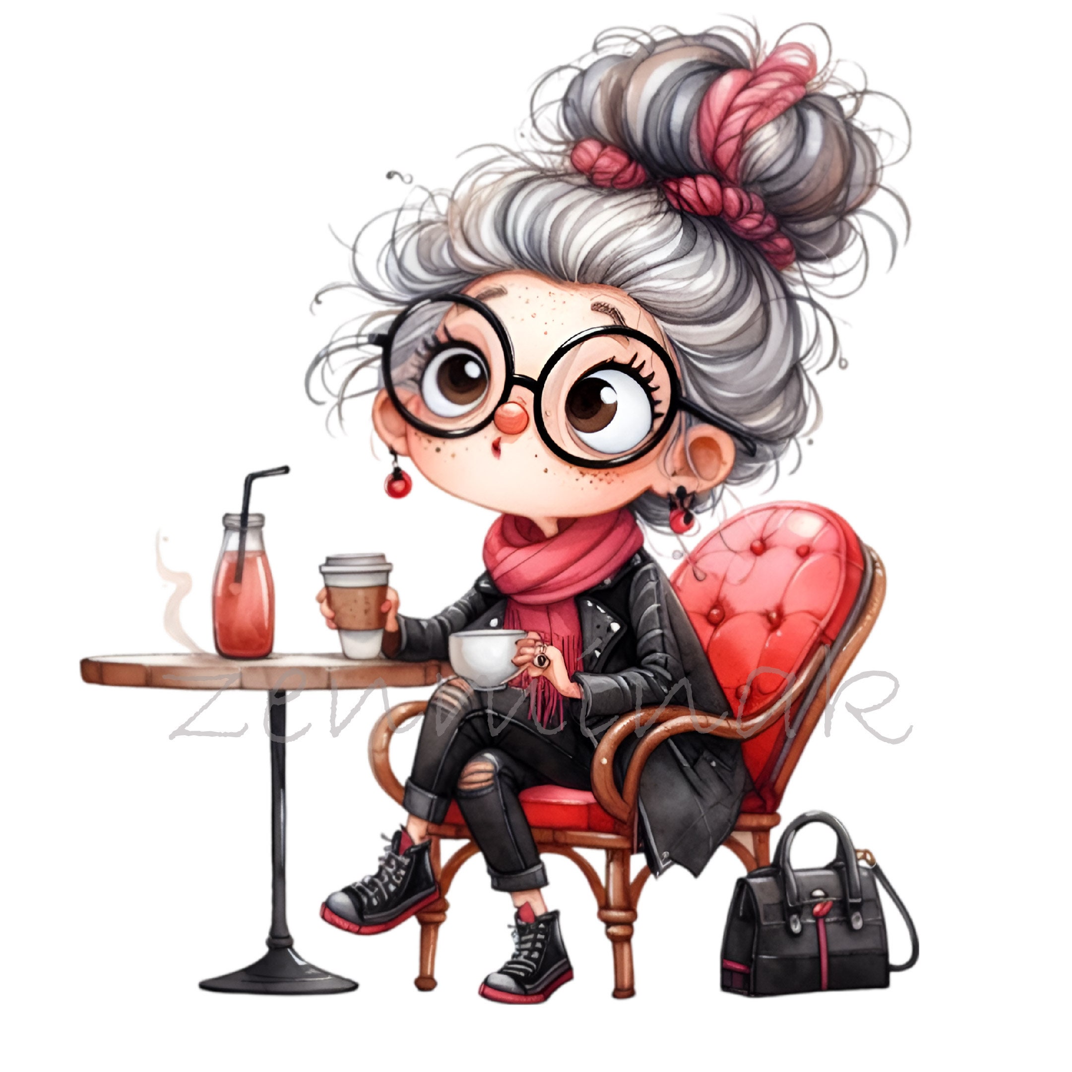 Senior Lady Drinking Coffee 14 PNG Funny Comics Fashion Grandma Cartoon ...