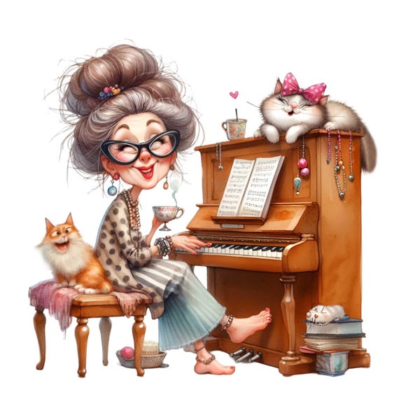 12 PNG Funny Grandma Piano Clipart, Elderly Lady Music