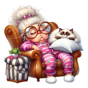 15 PNG lustige Oma Clipart - PNG lustige Frau mit Katze schlafend - lustige Illustration für Pyjama und Bastelprojekte