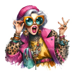 20 PNG excentrieke modedame PNG – gewaagde senior met zonnebril clipart – kleurrijke glamour oma voor leuke kunst- en ambachtelijke projecten