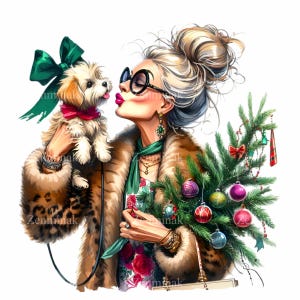 12 glamoureuze kerstdame PNG-afbeeldingen – elegante vrouw met hond en boomtak, luipaardjas, geschenken en ornamenten – feestelijke vakantiekunst