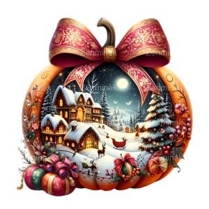 15 Clipart PNG di scene invernali di Natale, cornice di zucca con villaggio innevato, nastro festivo, design di adesivi per le vacanze