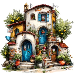 May include: A watercolour illustration of a Mediterranean house with a red-tiled roof, blue doors, and window shutters. The house is decorated with potted plants, lemon trees, and a sign that reads "Cafe Ristorante".