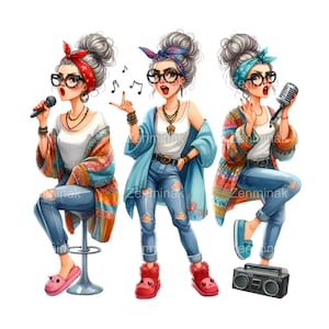 14 Donne che cantano PNG Clipart, Signore con microfoni, Divertente amante della musica Cartoon Art, Download digitale