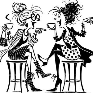 5 dames café tendance SVG, Clipart femmes drôle de bande dessinée, amis à la mode couper fichier pour Cricut et Silhouette