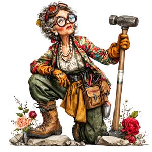 Può includere: Un'illustrazione stravagante di una donna in abiti da giardinaggio, con occhiali e un martello. Indossa una giacca floreale, guanti da lavoro e stivali. Sono visibili una cintura porta attrezzi e attrezzi da giardinaggio. Rose e rocce in primo piano.