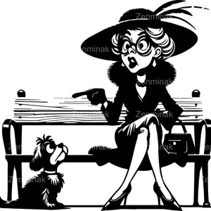 4 SVG Vintage Cartoon Lady Scolding Puppy SVG, Elegant Woman Bench Clipart, Retro Funny Dog Owner Cut File, Digital Vector Art
