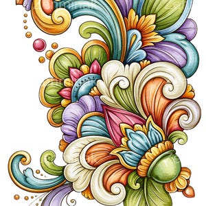 Könnte beinhalten: Eine dekorative Illustration mit einem lebendigen Blumen- und Rankenmotiv. Das Design umfasst wirbelnde Formen, geschichtete Blütenblätter und abgerundete Elemente in einer Farbpalette aus Orange, Türkis, Grün, Violett und Gelb, akzentuiert durch kleine Punkte.