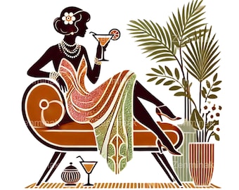 May include: A silhouette of a woman in a glittery dress sitting on a chaise lounge with a cocktail in her hand. The woman is wearing a pearl necklace and a flower in her hair. There are plants in the background.