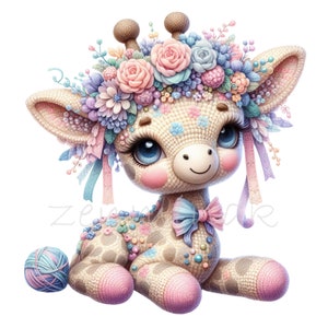10 png-schattige bloemen babygiraf clipart png, pastel safari dier met grote ogen, boog en bloemenkroon, grillige kwekerij jungle kunst