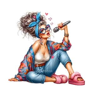 15 Karaoke Woman PNG Clipart, Elegante donna cantante con microfono, Divertente amante della musica Cartoon Art, Download digitale