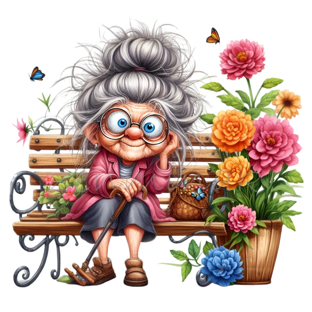 10 PNG Funny Grandma Garden Clipart, Elderly Lady on Bench With Flowers ...