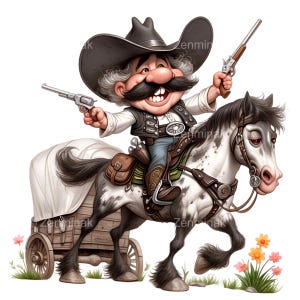 15 PNG Funny cowboy clipart – Cartoon western rider PNG – Middle-aged cowboy on horse with wagon, humor scene for craft projects
