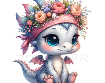 Könnte beinhalten: Ein niedlicher, cartoonartiger Baby-Drache mit blauen Augen und rosafarbenen Wangen trägt ein rosafarbenes Bandana und eine Blumenkrone. Der Drache hat einen hellgrauen Körper mit einem rosafarbenen Bauch und Flügeln.
