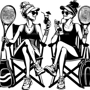 4 archivos de corte SVG de mujeres tenistas, mujeres deportistas con raquetas y bebidas en sillas, escena de verano para Cricut Silhouette Crafting