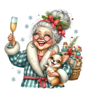 9 PNG 面白いクリスマスおばあちゃん – ホリデー PNG クリップアート – お祝いカードや工芸品用の冬のローブを着たプレゼント、シャンパン、犬を持った年配の女性