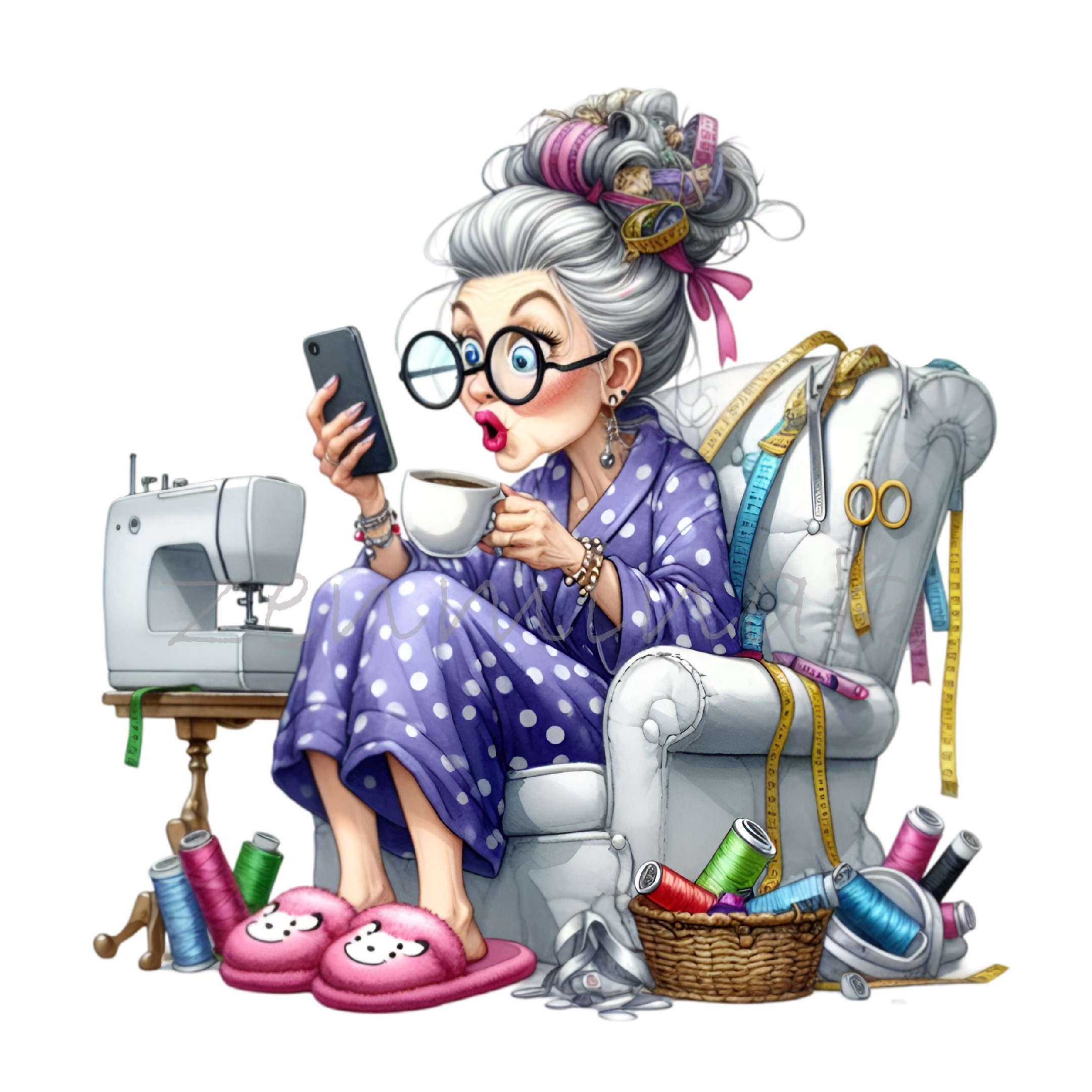 Crafting Grandma 12 PNG Clipart | Fun Granny With Coffee and Sewing ...