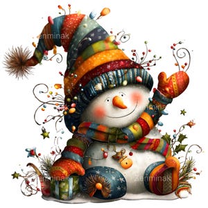May include: A whimsical snowman illustration with a colorful patchwork hat, scarf, and mittens. The snowman has a carrot nose, rosy cheeks, and a cheerful smile. Decorative elements include berries, stars, and a gift box, creating a festive holiday theme.