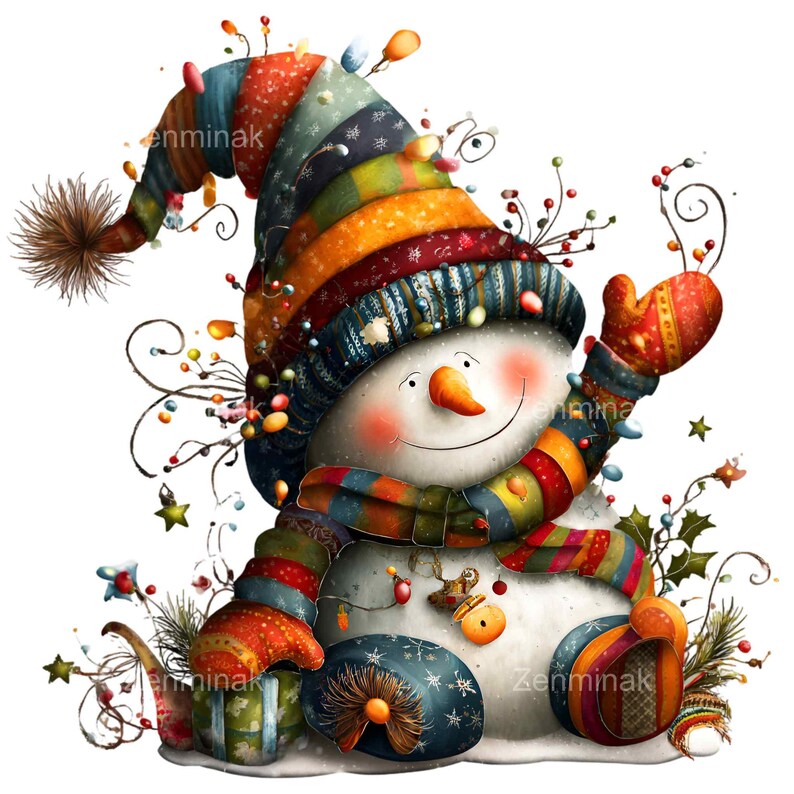 May include: A whimsical snowman illustration with a colorful patchwork hat, scarf, and mittens. The snowman has a carrot nose, rosy cheeks, and a cheerful smile. Decorative elements include berries, stars, and a gift box, creating a festive holiday theme.