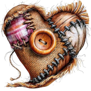 May include: A heart-shaped design composed of burlap, fabric patches, and a wooden button. The heart is stitched together with dark thread, and the patches include a plaid pattern. The edges have a frayed, rustic appearance.