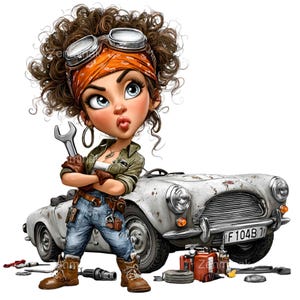 May include: Cartoon illustration of a female mechanic with curly brown hair, goggles, and an orange bandana. She's holding a wrench, wearing a green jacket, blue jeans, and brown boots. A classic white car is behind her, with tools scattered around.