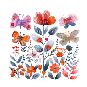 20 PNG floral fantaisiste - Clipart aquarelle de fleurs et de papillons - Conception de jardin folklorique coloré pour des travaux manuels de printemps et des projets de nature