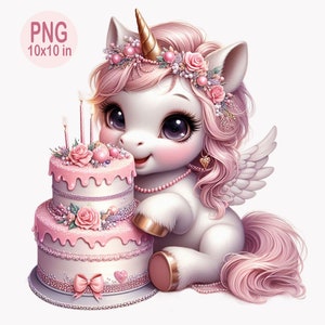 10 rosa Einhorn-Geburtstag-clipart | Kuchen und Einhorn PNG | Niedlicher Party digitaler Download