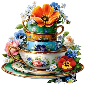 May include: A decorative stack of four teacups and saucers, each with a unique colour and floral design. The top cup is green, the second is orange, the third is blue, and the bottom cup is white. The cups are filled with flowers, including orange poppies and blue pansies.