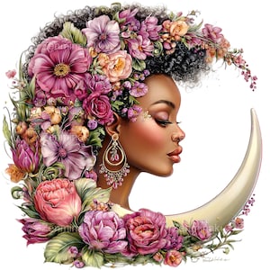 May include: A digital illustration of a woman's profile with dark skin, decorated with a floral crown of pink, purple, and peach flowers. She wears gold earrings and is set against a crescent moon.