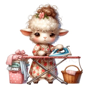 14 niedliches Lamm bügeln PNG Clipart - entzückendes Schaf im geblümten Kleid, das Hausarbeit mit Bügelbrett und Korb macht - Bauernhof Tier Kunst