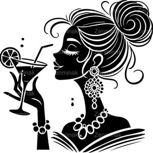 7 archivos SVG de corte de cóctel elegante para dama - Silueta de mujer glamurosa con bebida y joyas - Diseño de imágenes prediseñadas femeninas con clase