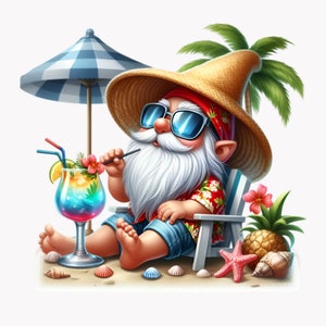 10 png-clipart strandkabouter – png-zomerkabouter met drankje, paraplu en zonnebril – grappige vakantiekunst voor sublimatie en knutselen