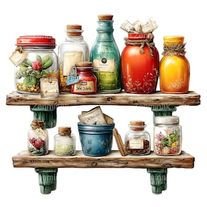 May include: A wooden shelf unit features two tiers filled with glass jars and bottles. The containers, with cork stoppers, hold herbs, spices, and liquids. Some jars have labels and tags. The shelf is supported by green brackets.