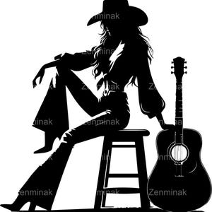5 Silhouette de guitare de cow-girl SVG, fichier coupe western femme musicien, musique country des cliparts pour Cricut & Silhouette