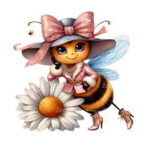 Baby Biene PNG mit rosa Schleife und elegantem Hut neben Gänseblümchen PNG - 15 Cute Spring Digital Art Illustration
