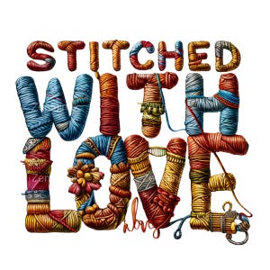 15 PNG Stitched with love PNG – Garn und Faden Typografie mit Nähwerkzeug – Clipart für Handarbeiten, Geschenke und Nähprojekte