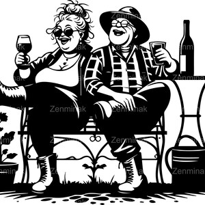 6 SVG drôle jardin couple coupe fichier SVG, dessin animé décontracté homme et femme avec vin et bière, banc extérieur des cliparts pour travaux manuels