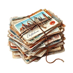 May include: A stack of vintage postcards tied together with twine. The postcards feature images of buildings and the word "Postyphuen" is written on one of the postcards.