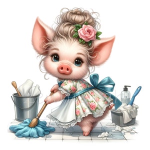 15 Cliparts PNG de porco fofo em avental floral limpando com esfregão e balde, ilustração em aquarela de leitão doméstico kawaii