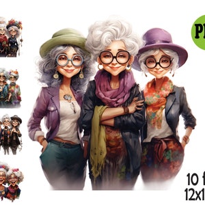 Acquerello Divertenti Vecchie Signore Clipart Sublimazione PNG, Allegre Vecchie Signore