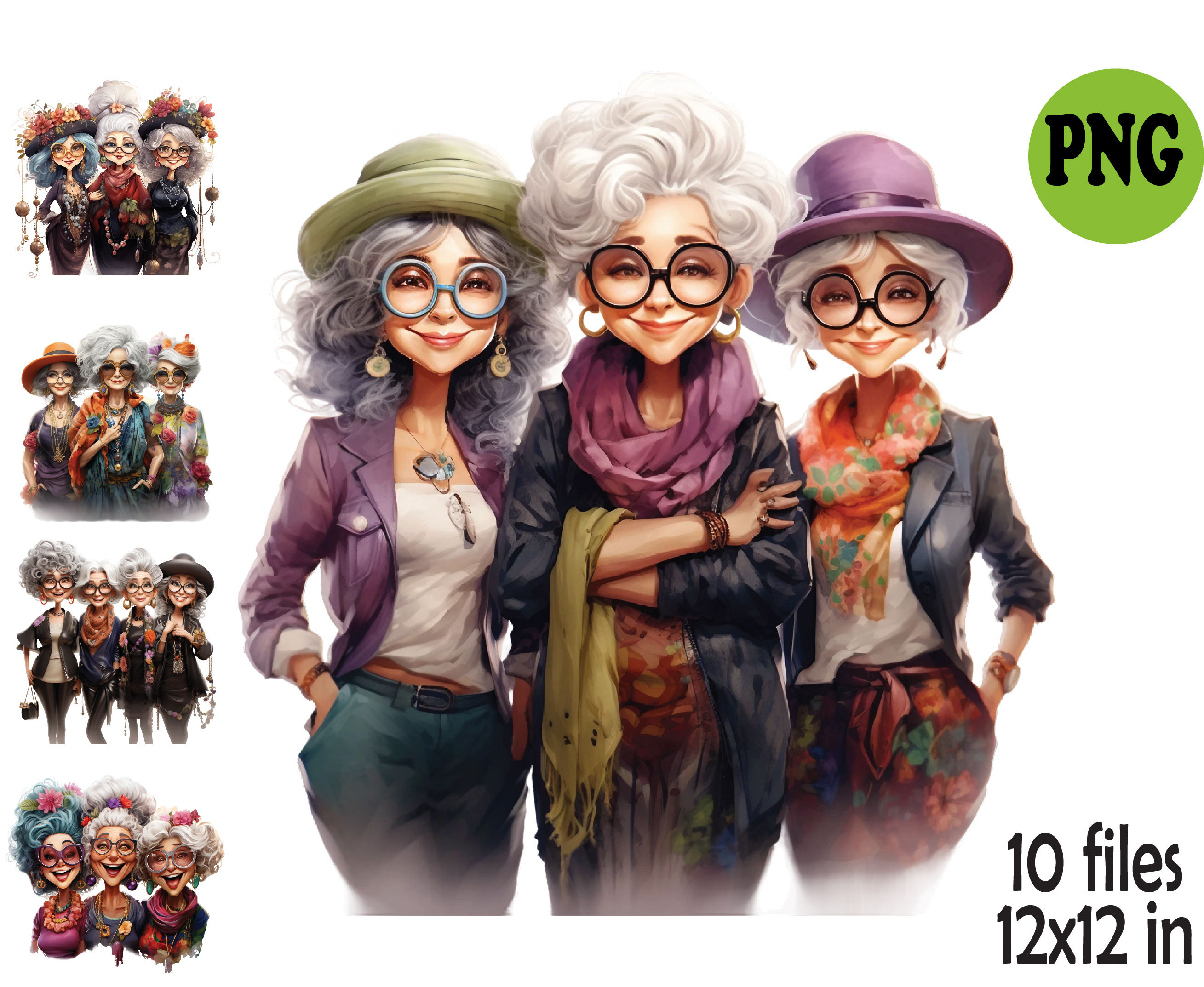 Watercolor Funny Old Ladies Clipart Sublimation PNG, Cheerful Old Ladies