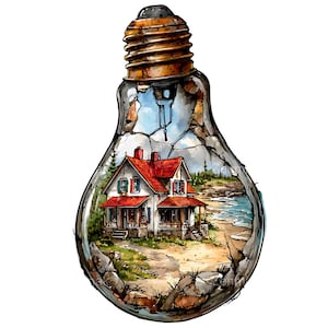 May include: Watercolor illustration of a house with a red roof and blue shutters inside a broken lightbulb. The house is on a sandy beach with a view of the ocean and trees. The lightbulb base is bronze.