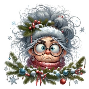 Ältere Frau mit Weihnachtsgirlande 14 PNG lustige Comics Winter Oma Cartoon Illustration Clipart, Sublimation druckbare Illustration