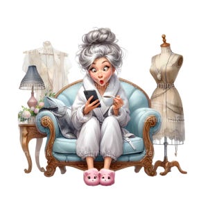 15 Seamstress Grandma Clip Art PNG, Funny Elderly Woman Sewing Digital Art, Whimsical Granny with Smartphone Illustration