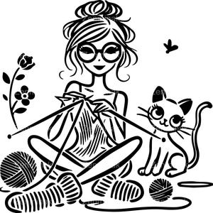 5 Knitting Girl SVG Cut File - Cozy Crafter with Cat and Yarn Silhouette for Cricut, Knitting Art Design Clipart