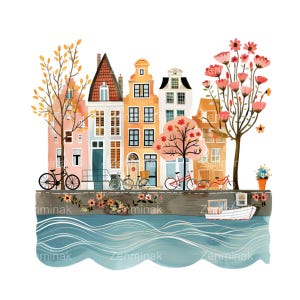 Peut inclure: Une peinture à l'aquarelle représentant une rangée de maisons colorées avec des toits en tuiles rouges, des arbres et des vélos le long d'un canal. Les maisons ont des fenêtres et des portes, et les arbres ont des fleurs roses. Le canal est bleu et a des vagues blanches.