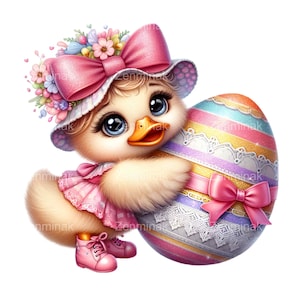 May include: A cute yellow chick wearing a pink hat with flowers and a pink dress holds a large colorful Easter egg with a pink bow.