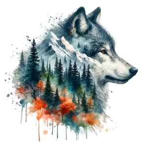 17 Wolf Forest Double Exposure PNG - Akwarela Wilderness Art z wilkiem i drzewami do sublimacji, dekoracji natury i rzemiosła