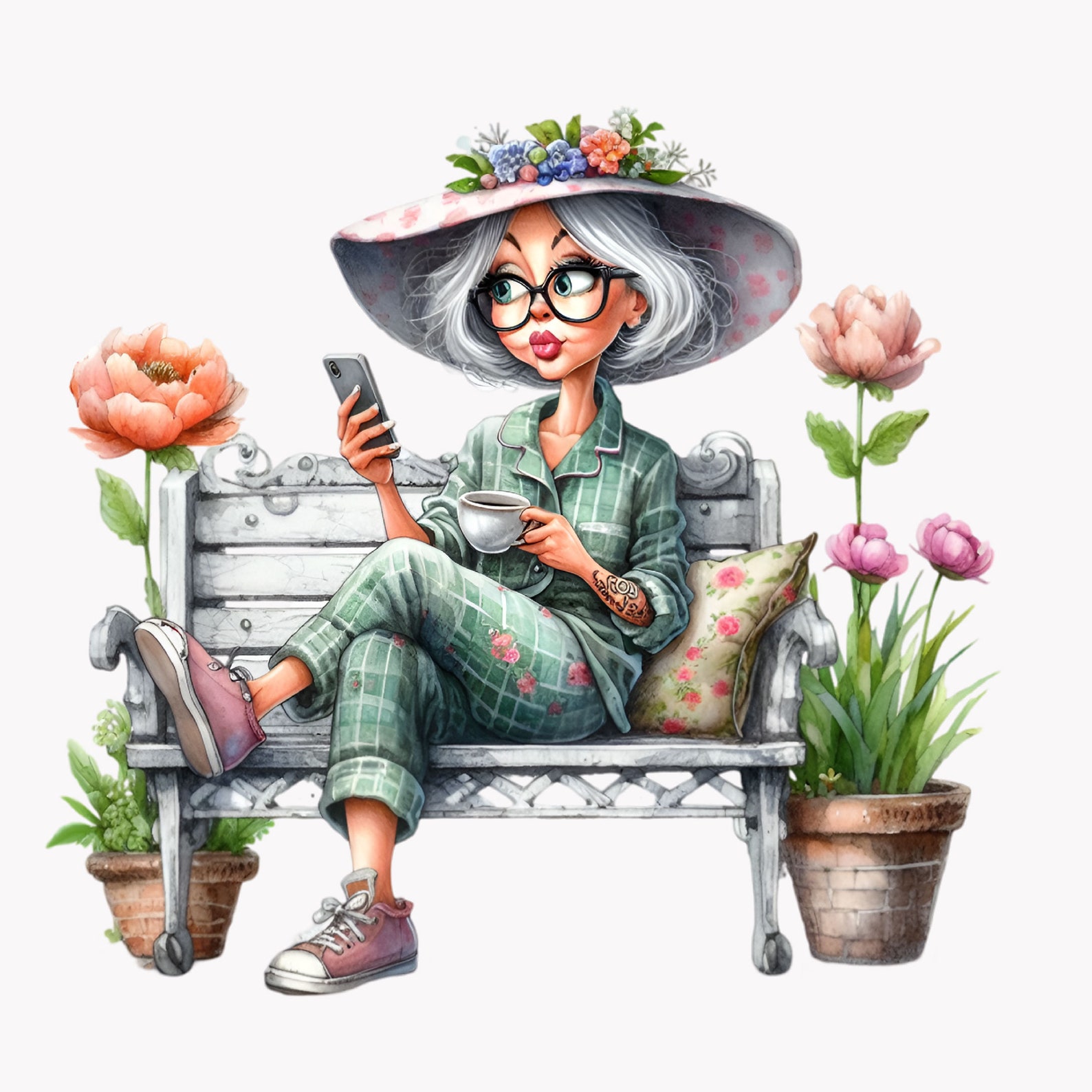 10 PNG Funny Granny Gardening PNG Clipart – Old Lady With Coffee and ...