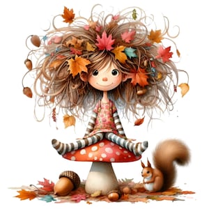 15 PNG Autumn Fairy Girl Clipart – Cute PNG with Mushroom, Leaves, and Squirrel for Fall Crafts, Kids Cards, Stickers, Sublimation Art